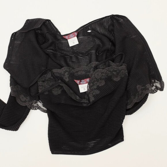Y2K John Galliano 90s cardigan top twinset sweater sz S black open knit lace - Picture 13 of 14